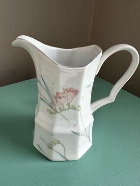 Floral Ceramic Pitcher in White with Soft Pink Accents